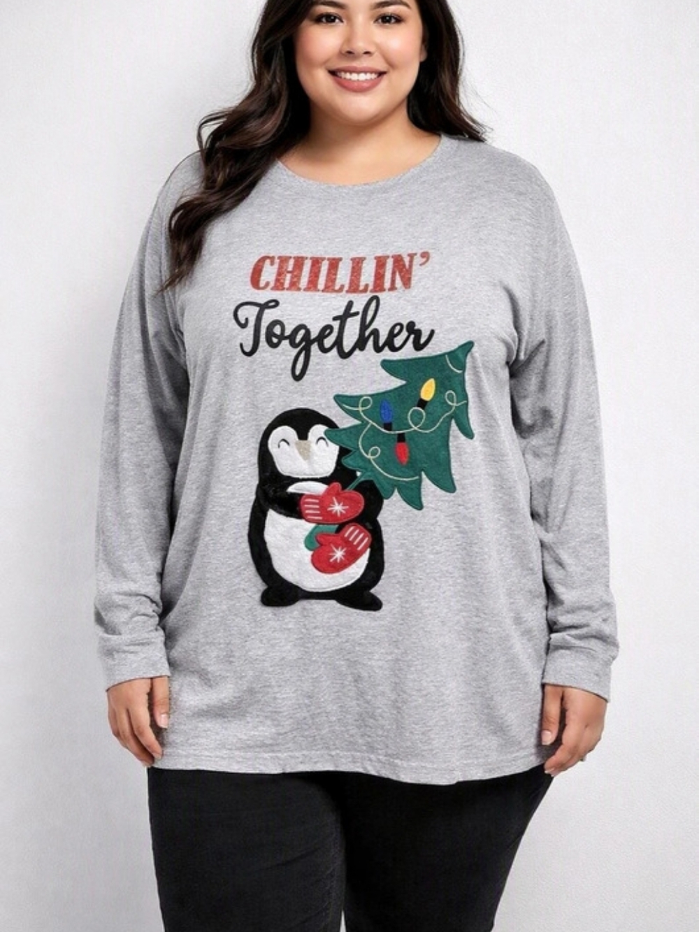 Holiday Time Chillin' Together Graphic Long Sleeve Top Gray 2X